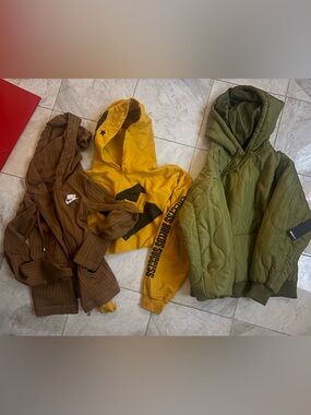 Nike Brown Hoodie, Yellow Graphic Hoodie & Olive Green Quilted Jacket - Trio